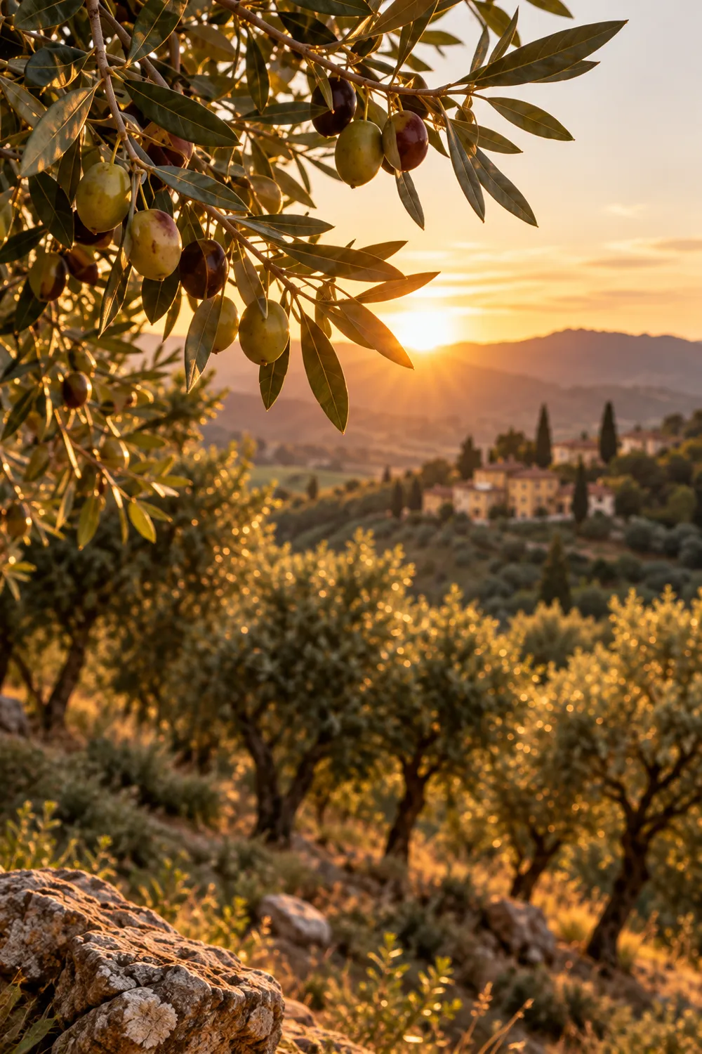 Olive branches with ripe olives at sunset over a Mediterranean hillside village