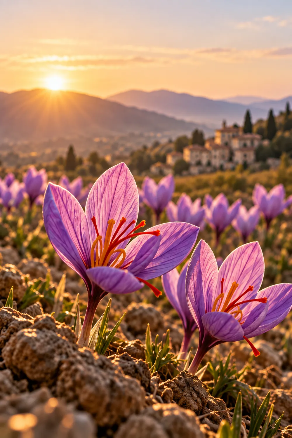 Saffron crocus flowers blooming at sunrise in front of a hillside village