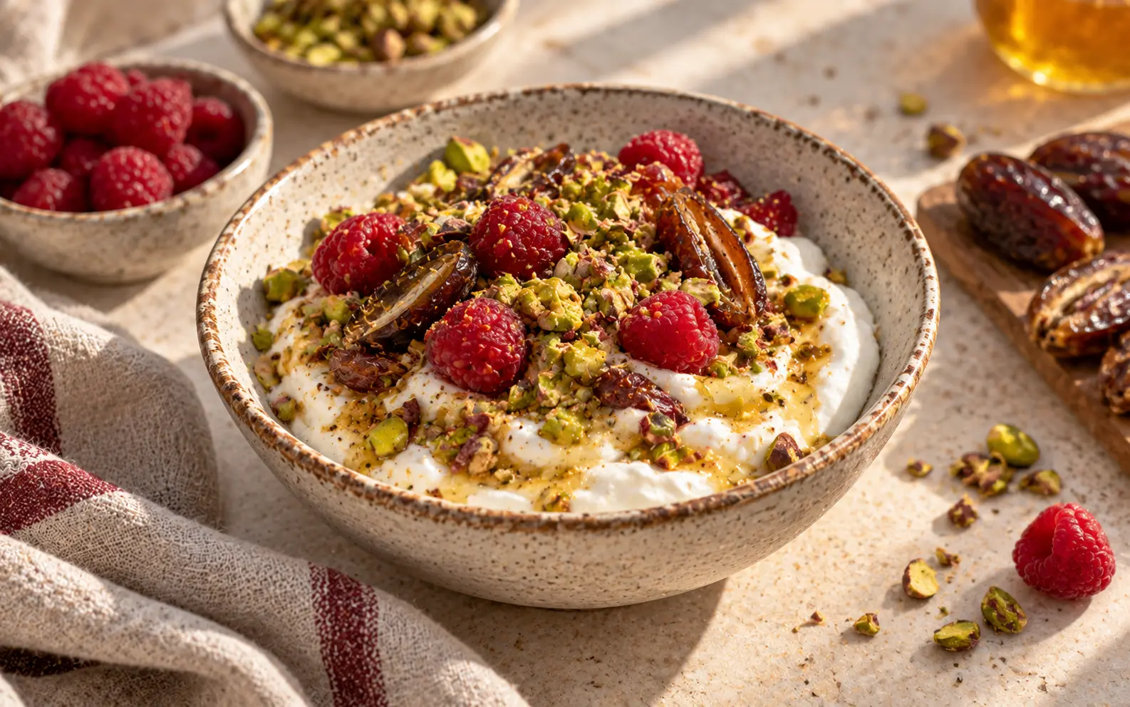 Healthy breakfast bowl of yoghurt topped with chopped pistachios, dates and fresh berries