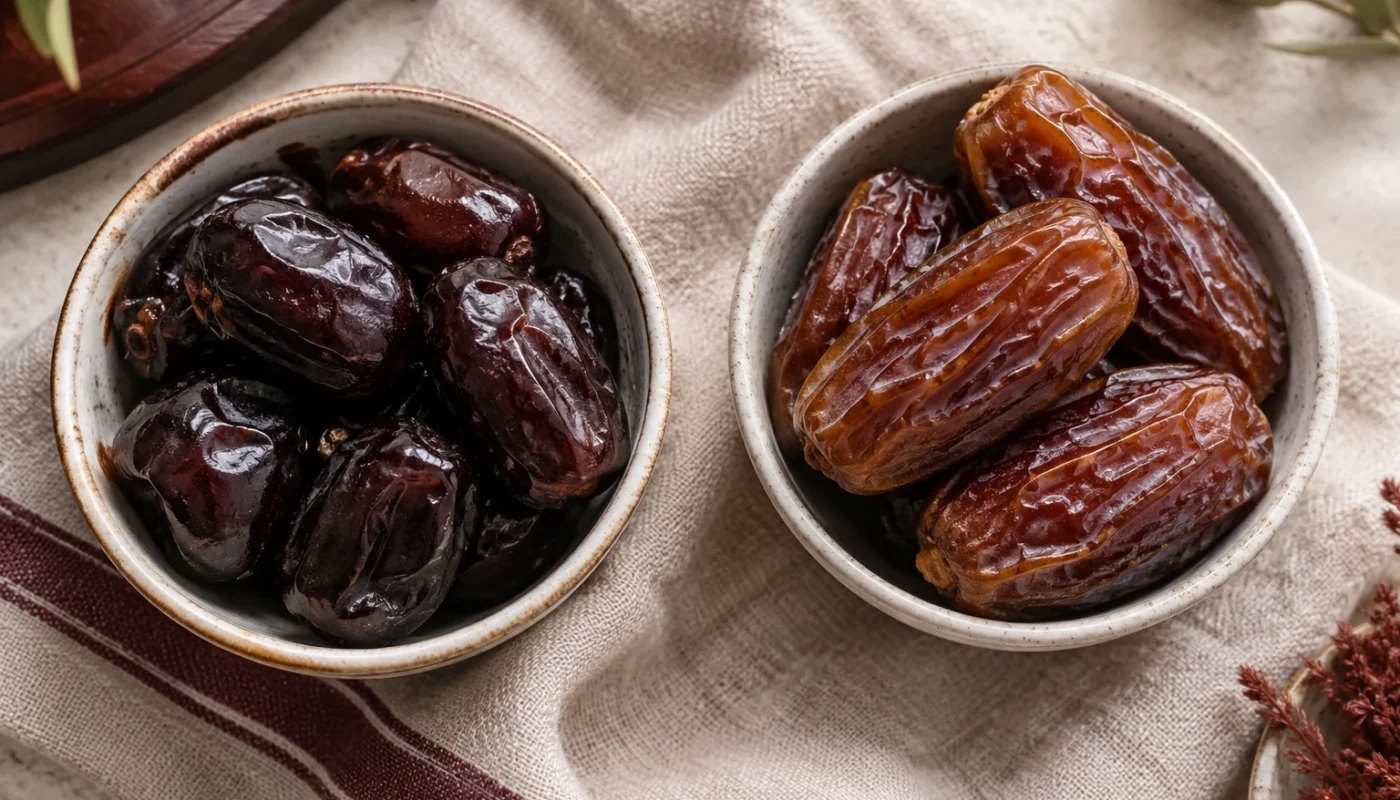 Mazafati vs Medjool dates side by side in two bowls