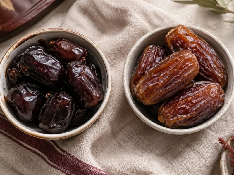 Mazafati vs Medjool dates side by side in two bowls