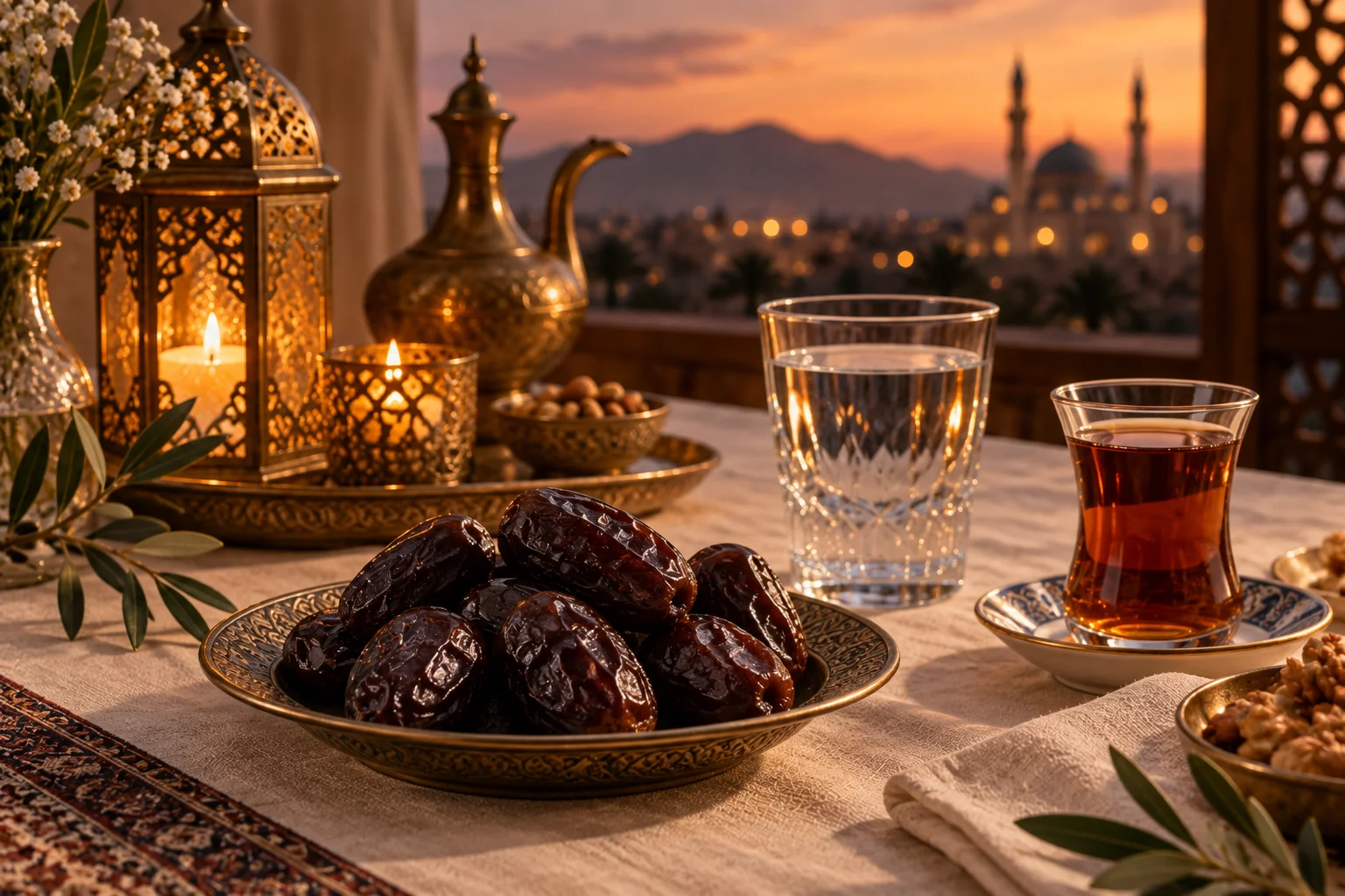 Mazafati dates served at an iftar table with tea and water