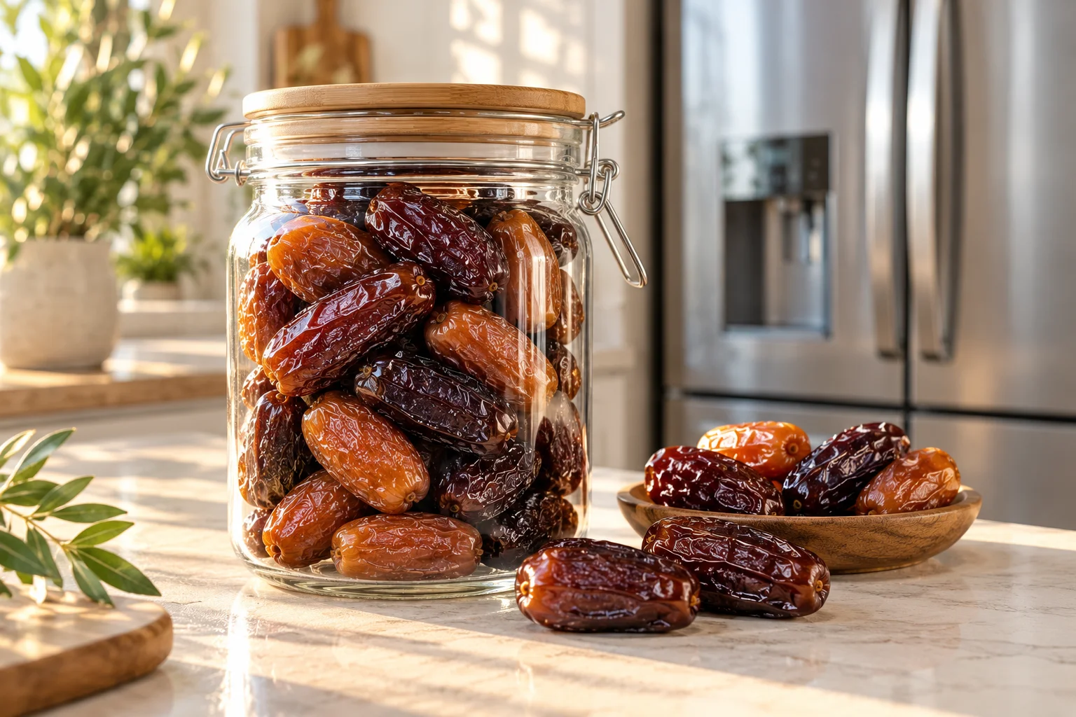Semi-dry Sayer and Piarom dates stored in an airtight glass jar in a kitchen