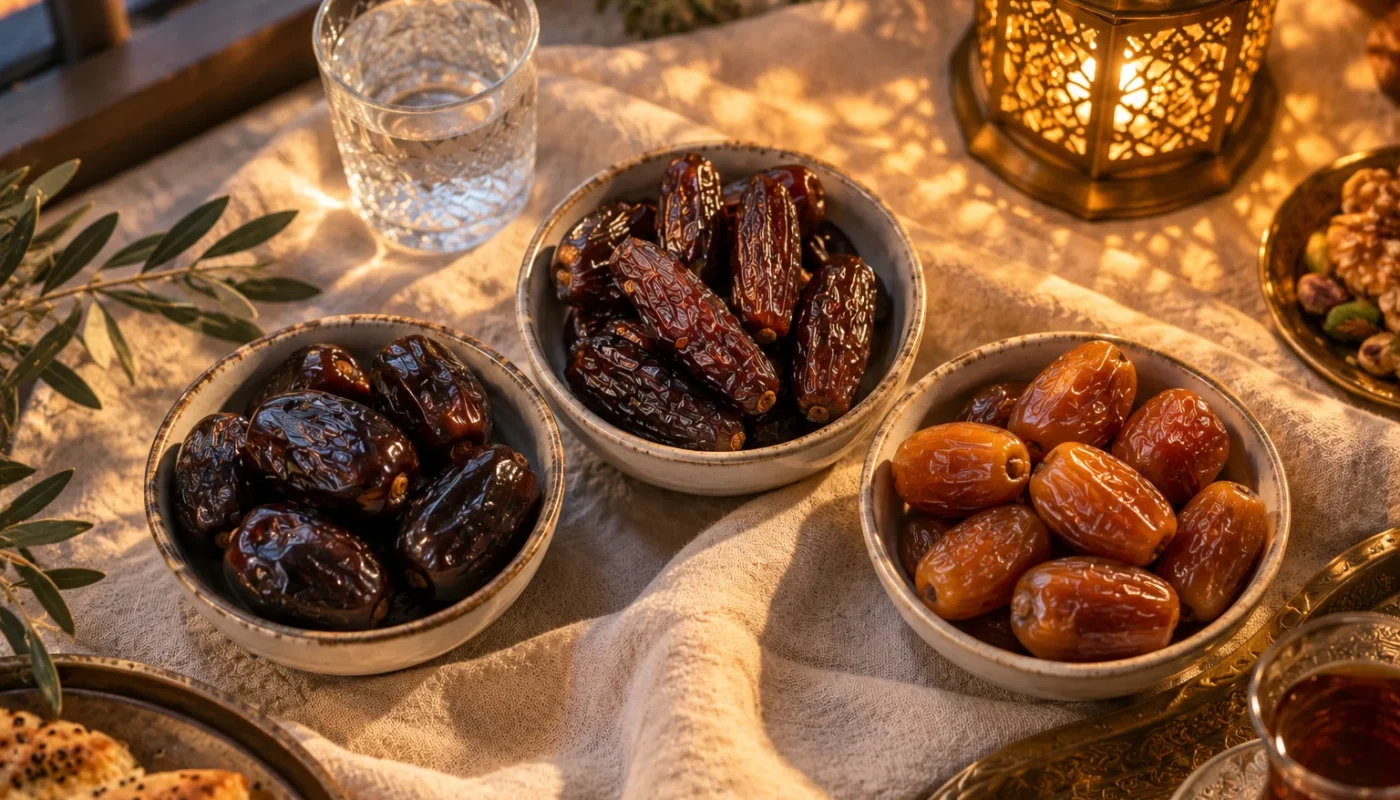 Best dates for Ramadan: Mazafati, Piarom and Sayer dates in bowls on an iftar table