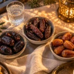 Best dates for Ramadan: Mazafati, Piarom and Sayer dates in bowls on an iftar table