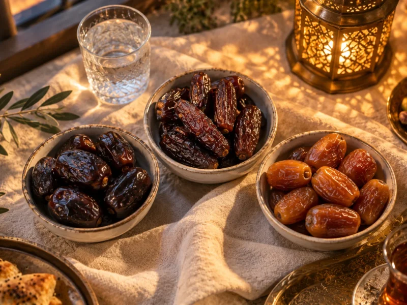 Best dates for Ramadan: Mazafati, Piarom and Sayer dates in bowls on an iftar table