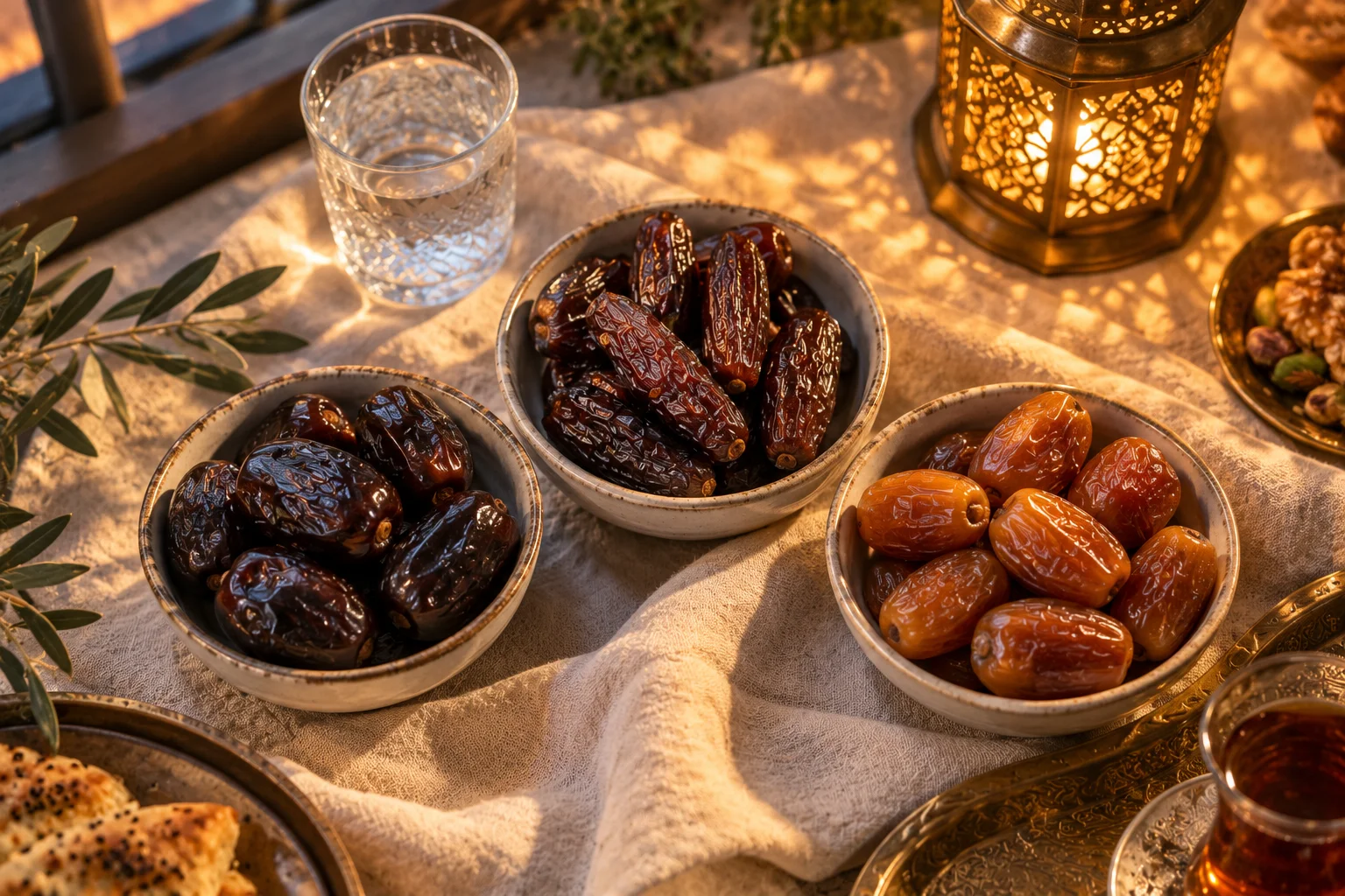 Best dates for Ramadan: Mazafati, Piarom and Sayer dates in bowls on an iftar table