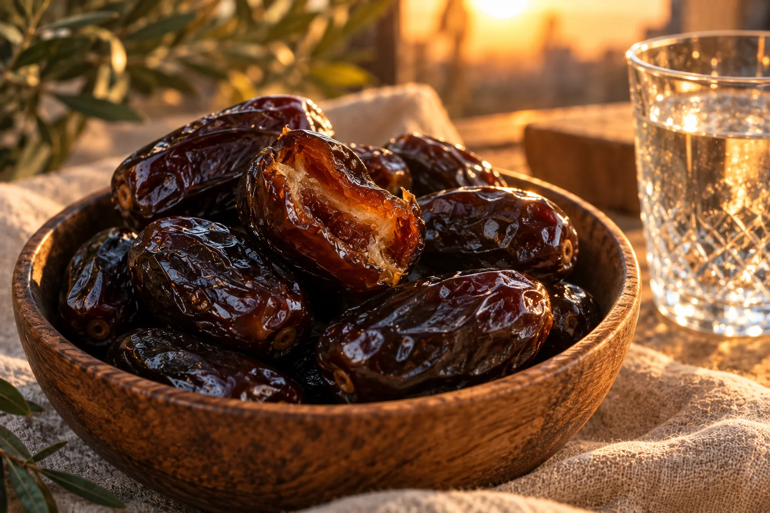 Soft Mazafati dates served in a bowl at iftar with a glass of water