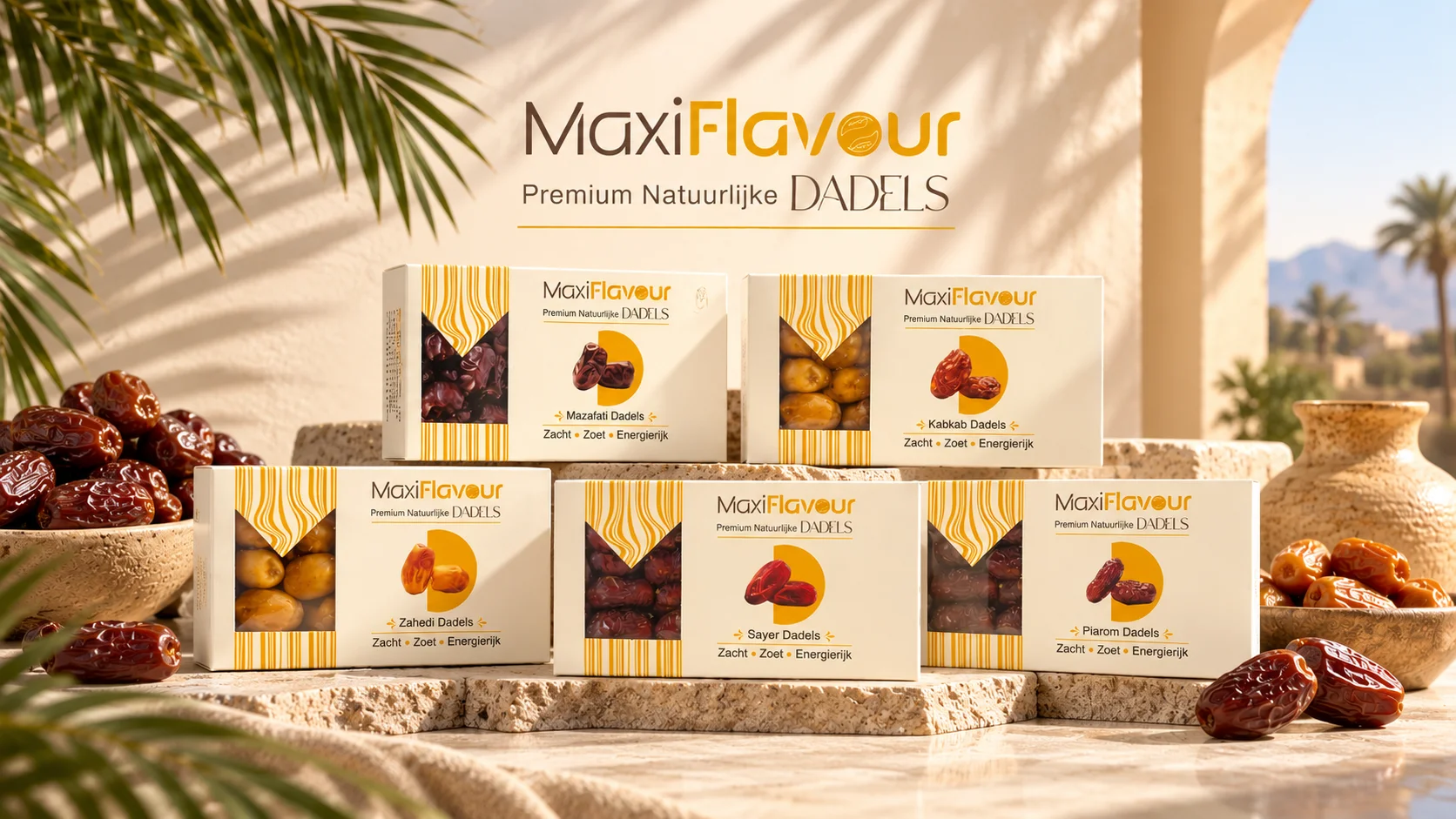Premium Medjool dates in a rustic stone bowl with olive leaves, overlooking a Mediterranean coastline