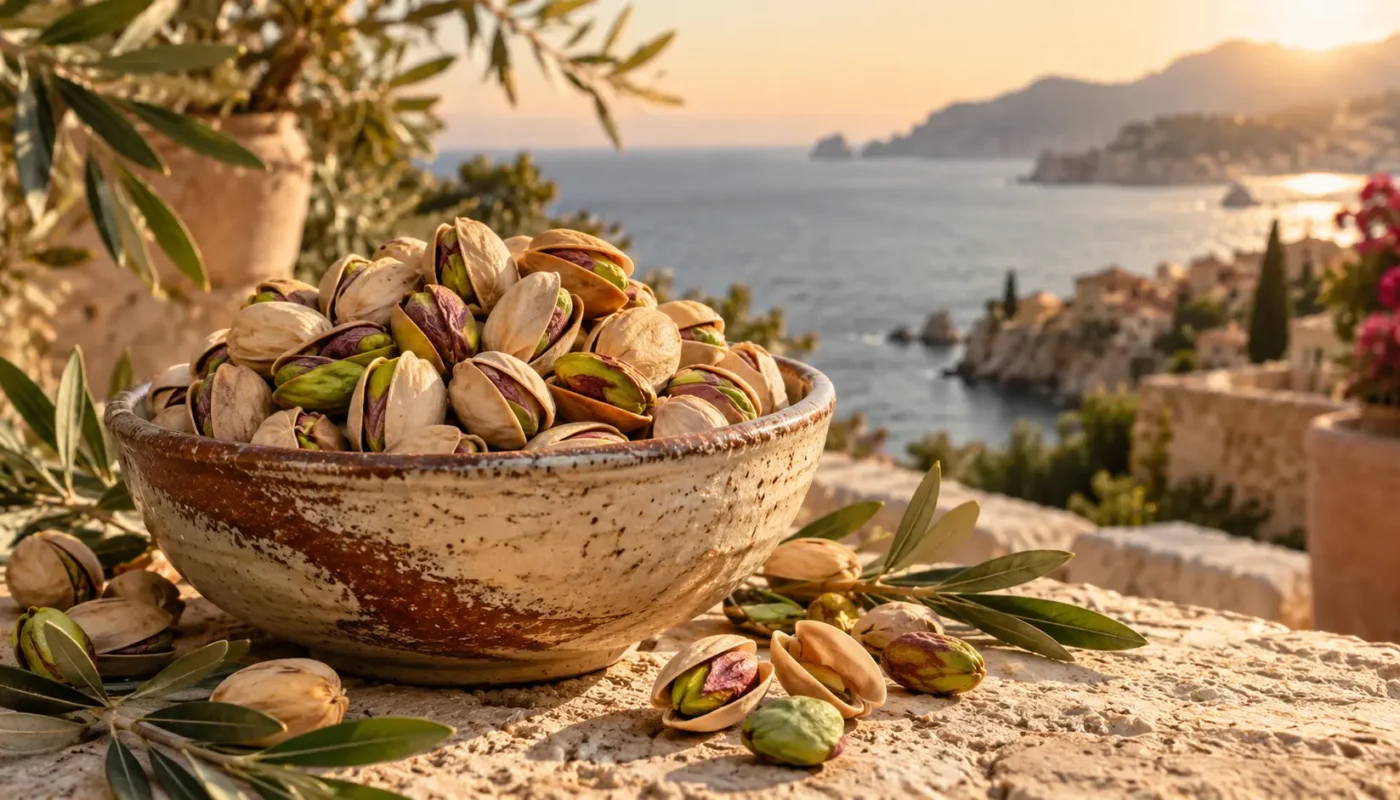 Premium pistachios in a rustic ceramic bowl on a sunny Mediterranean stone terrace