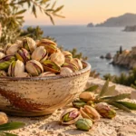 Premium pistachios in a rustic ceramic bowl on a sunny Mediterranean stone terrace