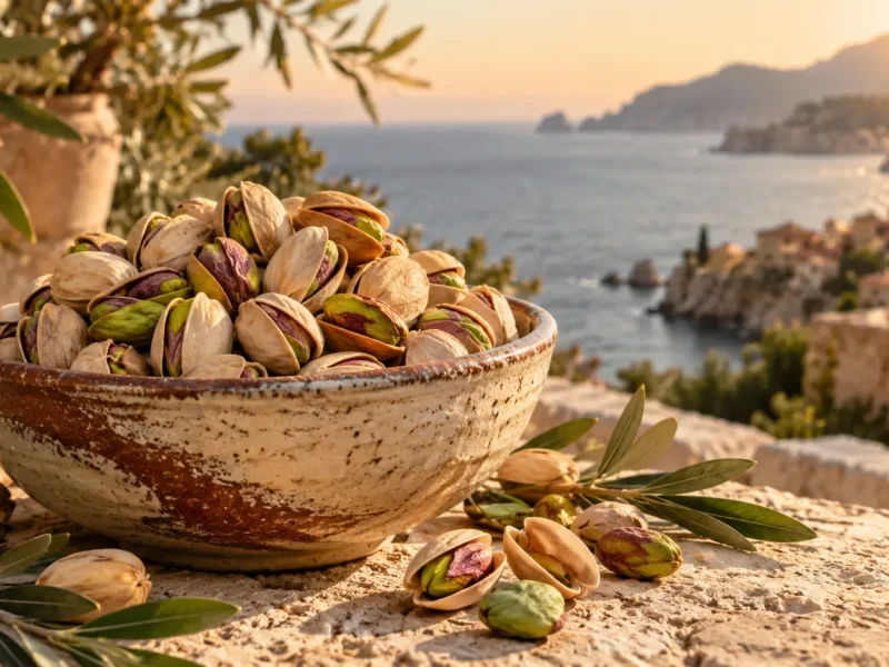Premium pistachios in a rustic ceramic bowl on a sunny Mediterranean stone terrace