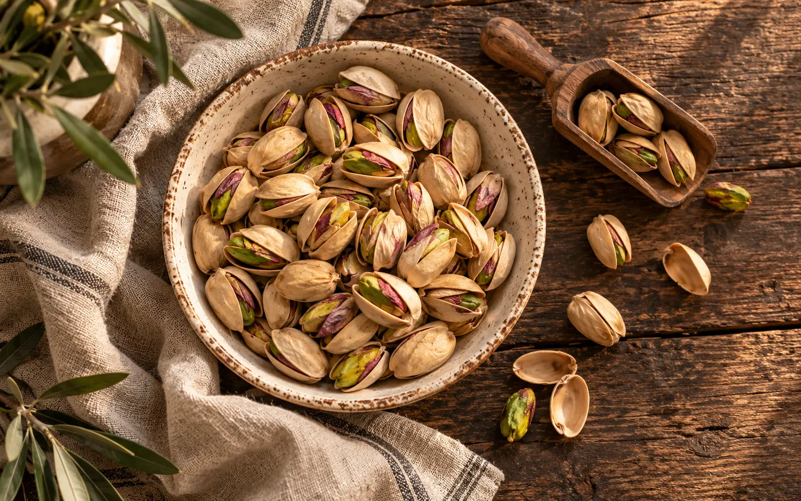 Bowl of premium roasted pistachios in shell on a rustic wooden table