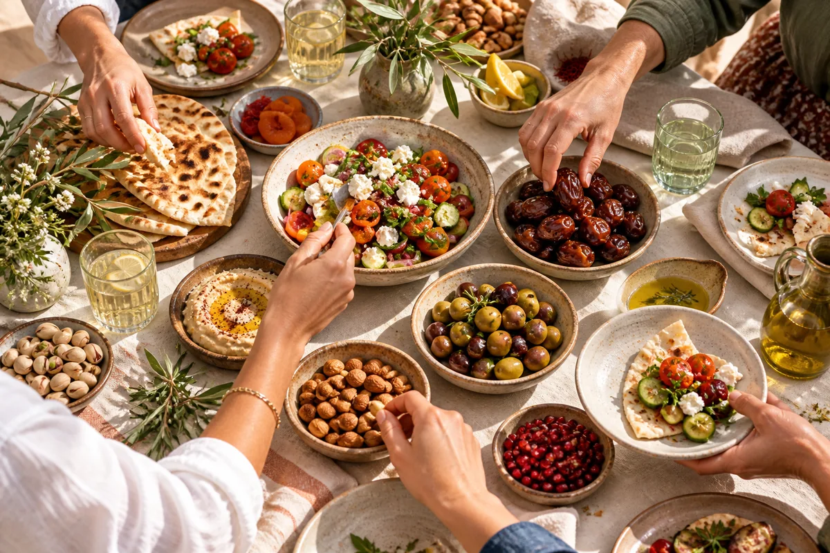 Family sharing dates, nuts and dried fruits around the table – healthy snacking with MaxiFlavour
