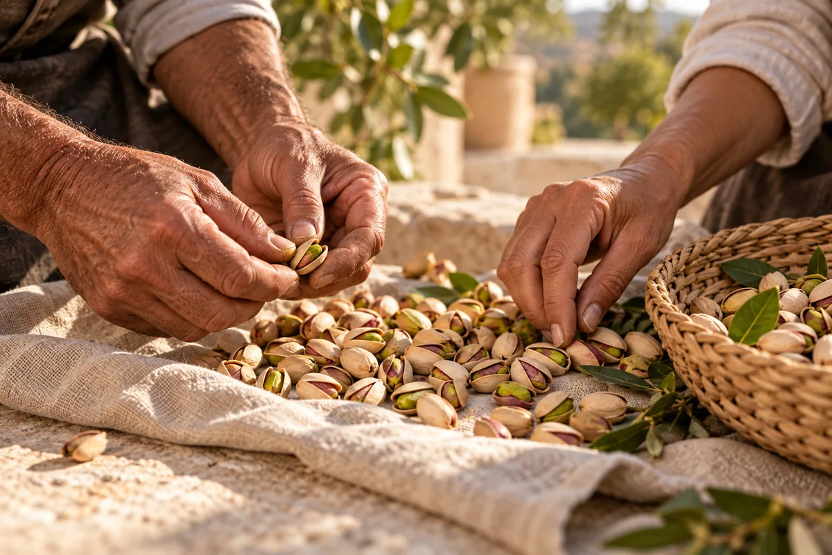 About MaxiFlavour – farmer's hands selecting premium Iranian pistachios sourced directly from growers