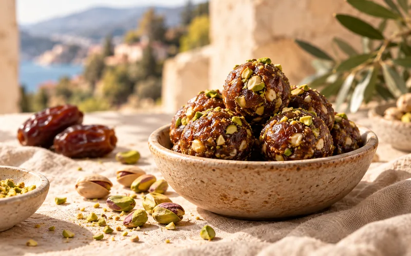 Homemade date and pistachio energy bites in a bowl