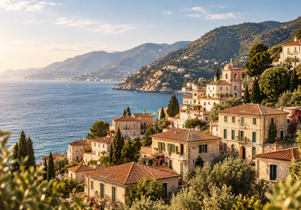 Mediterranean hillside village by the sea where our producers grow authentic ingredients