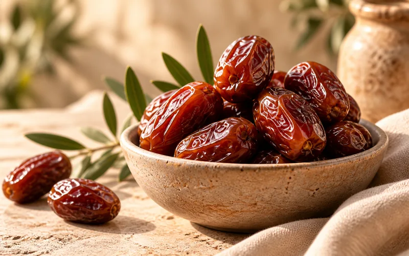 Bowl of fresh Medjool dates on a rustic table