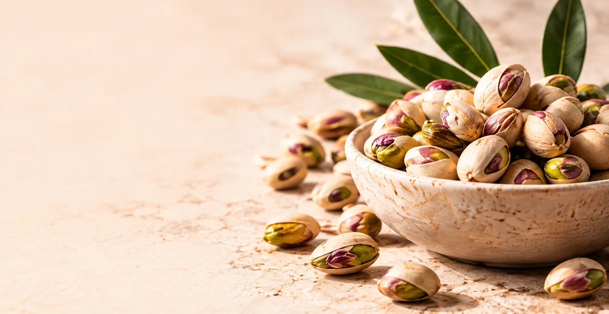 Ceramic bowl of roasted Iranian pistachios with fresh leaves